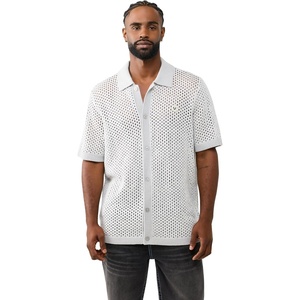 True Religion Men’s Short Sleeve Marled Crochet Knit Shirt – 100% Cotton, Lightweight Feel, Comfortable Fit(Quiet Grey)