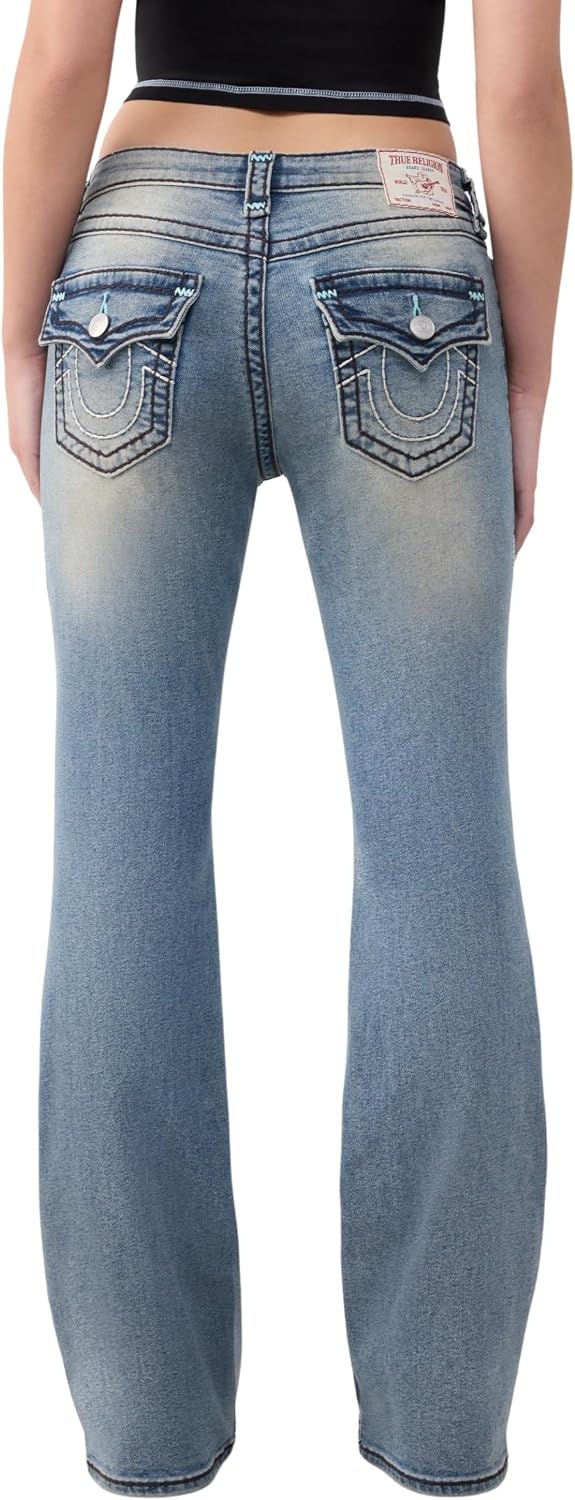 image:imageTrue Religion Womens Becca MR Bootcut Sup T Flap Jeans Bootcut Silhouette Premium Stretch Denim Trendy FitSunset Fade