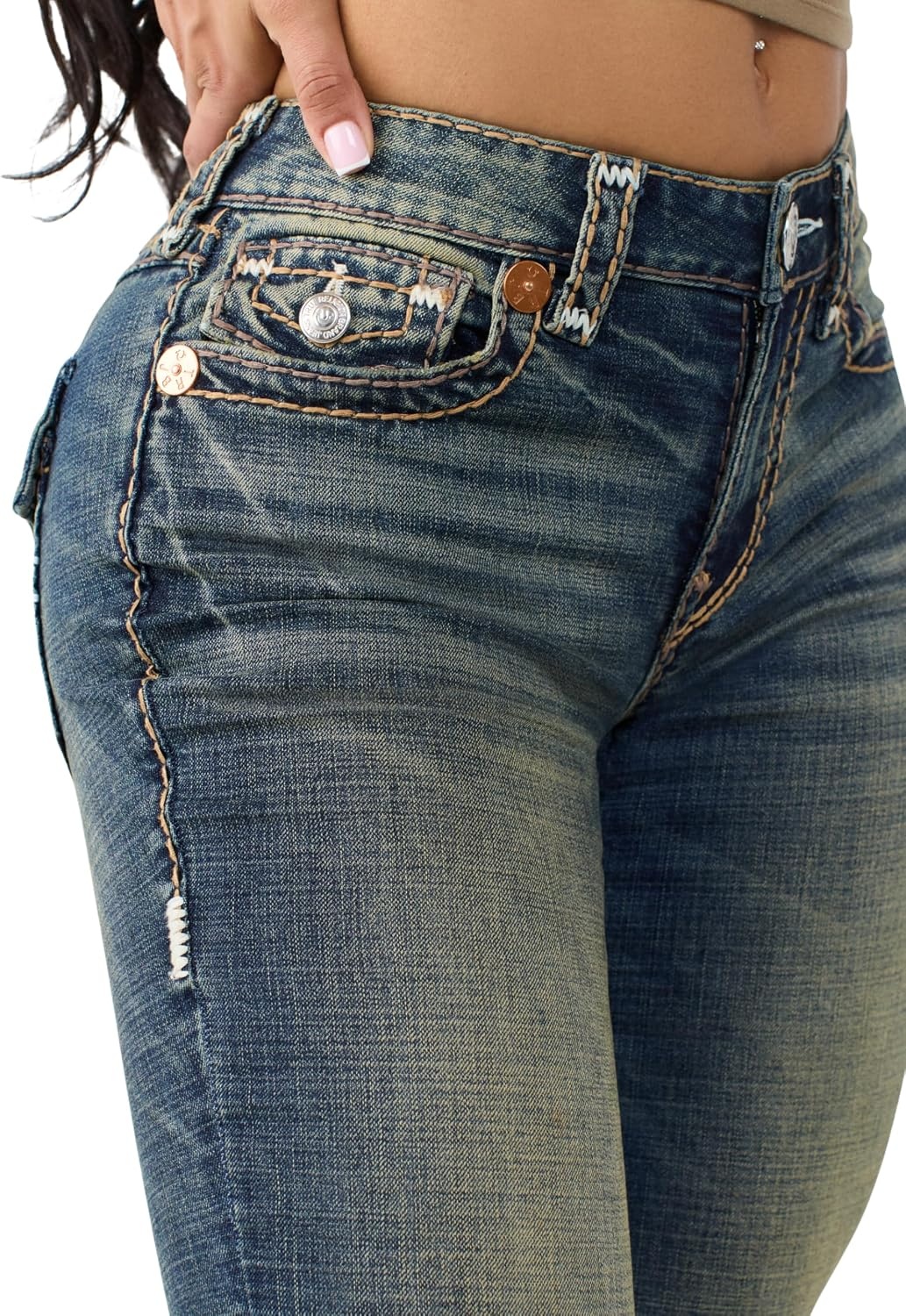 image:imageTrue Religion Womens Becca Mr Bootcut Sup T Flap Jeans Mid Rise Bootcut Stretch Denim Blend Premium FabricSundown Blue