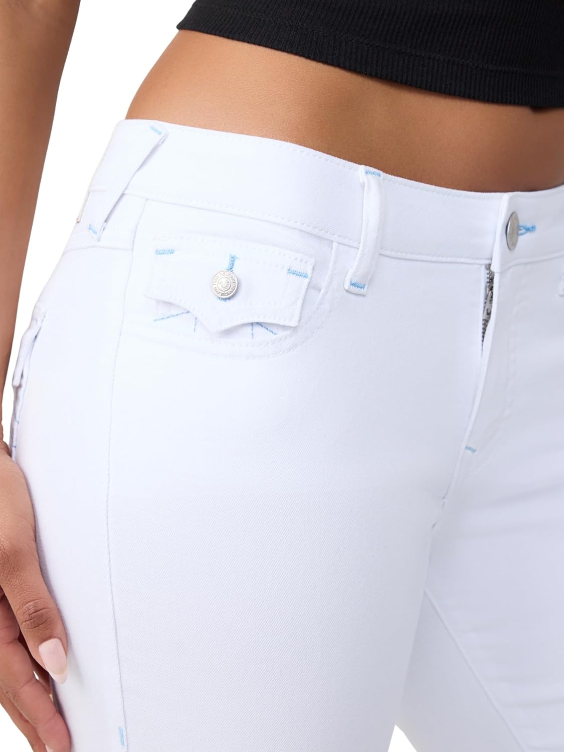 image:imageTrue Religion Womens Becca Single Needle Flap Bootcut Jeans Bootcut Silhouette Premium Stretch Denim Trendy FitOptic White