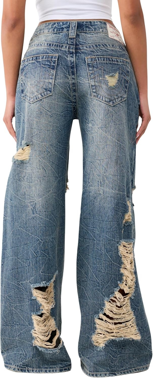 image:imageTrue Religion Womens Destroyed Jessie Layered Baggy Jean 100 Cotton Denim Baggy Fit Statement StyleHuntington Fade W Destroy