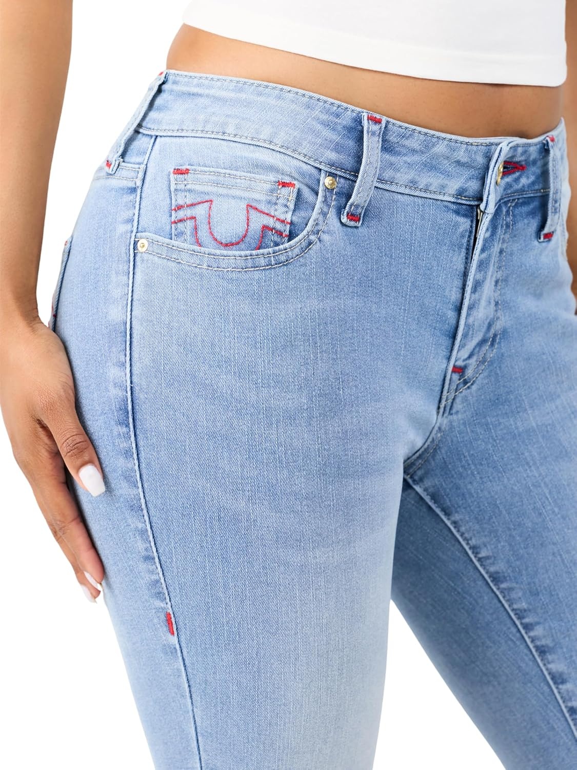 image:imageTrue Religion Womens Jennie Single Needle Mid Rise NF Skinny Jean Skinny Silhouette Premium Stretch Denim Trendy FitLight Blue Suede Wash
