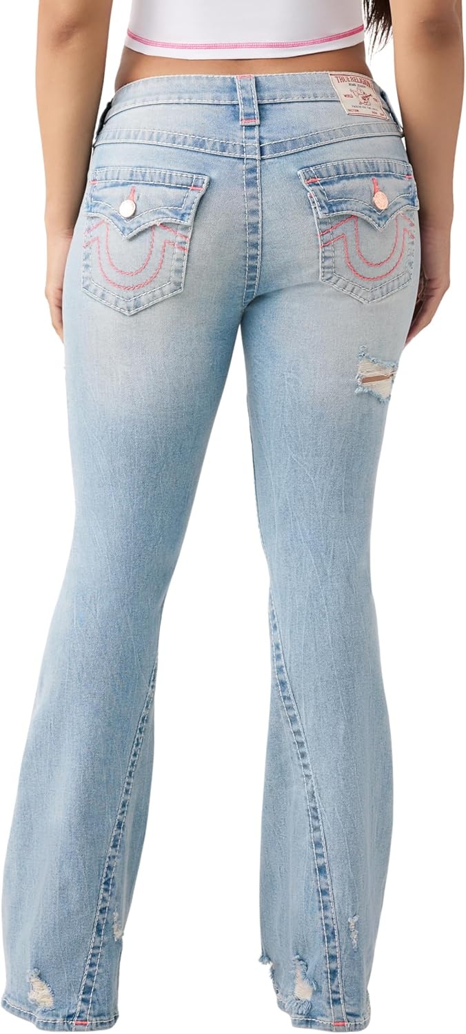 image:imageTrue Religion Womens Joey MR Flare Big T Flap Jeans Flare Silhouette Premium Stretch Denim Trendy FitHazy Wink W Destroy