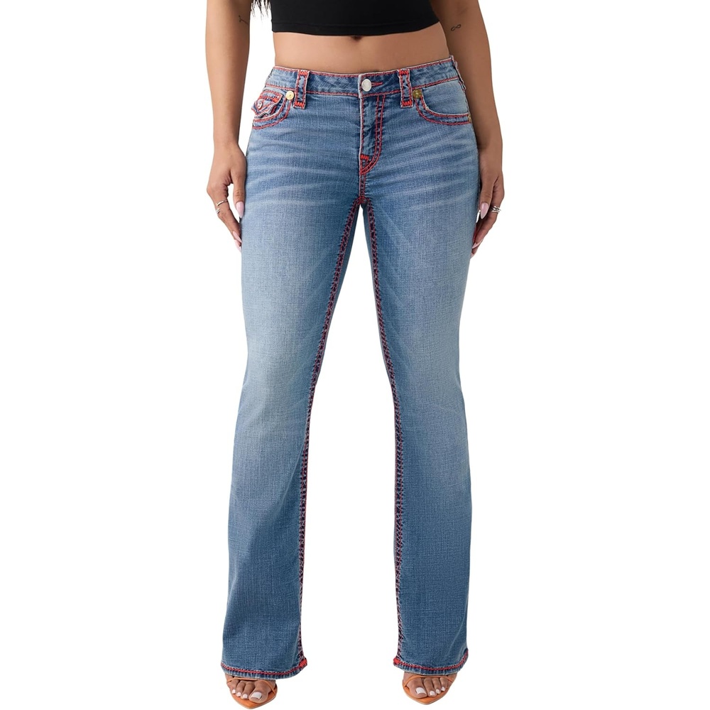 image:imageTrue Religion Womens Becca MR Bootcut Sup T Flap Jeans Bootcut Silhouette Premium Stretch Denim Trendy FitLaguna Tide