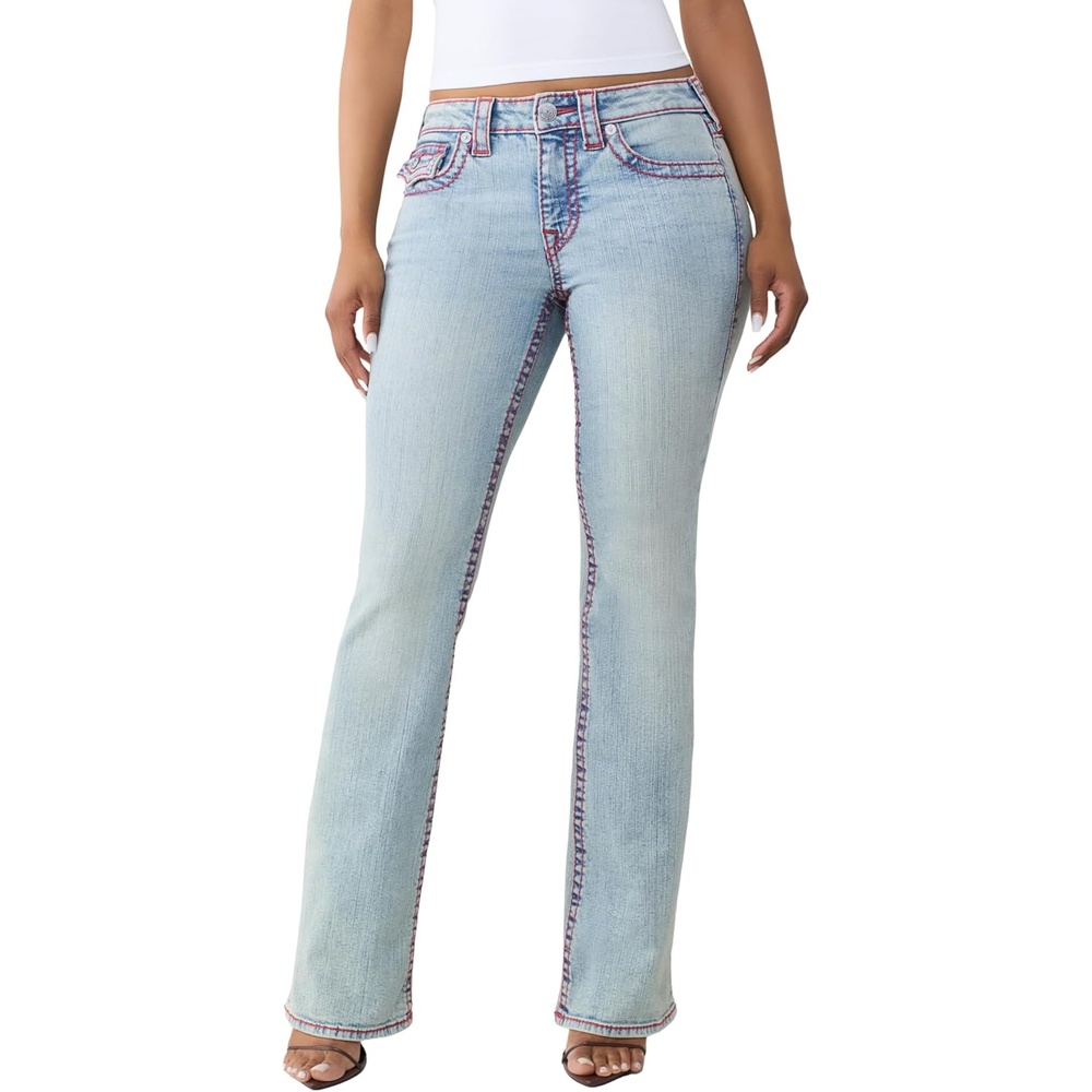 image:imageTrue Religion Womens Becca Mid Rise Bootcut Big T Flap Jeans Cotton Blend Bootcut Fit Flap Pocket DetailSierra Haze