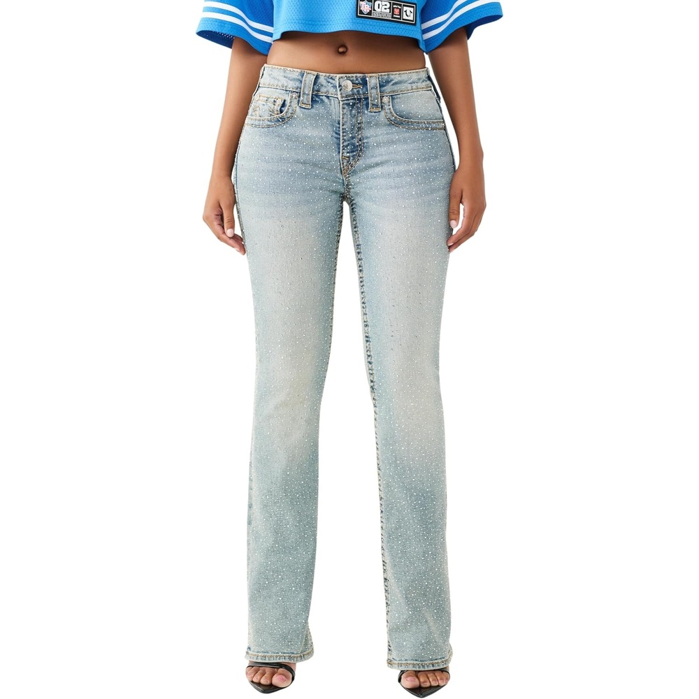 image:imageTrue Religion Womens Crystal Becca Mid Rise Bootcut Big T Jeans Mid Rise Bootcut Stretch Denim Blend Premium FabricGlitter Dust