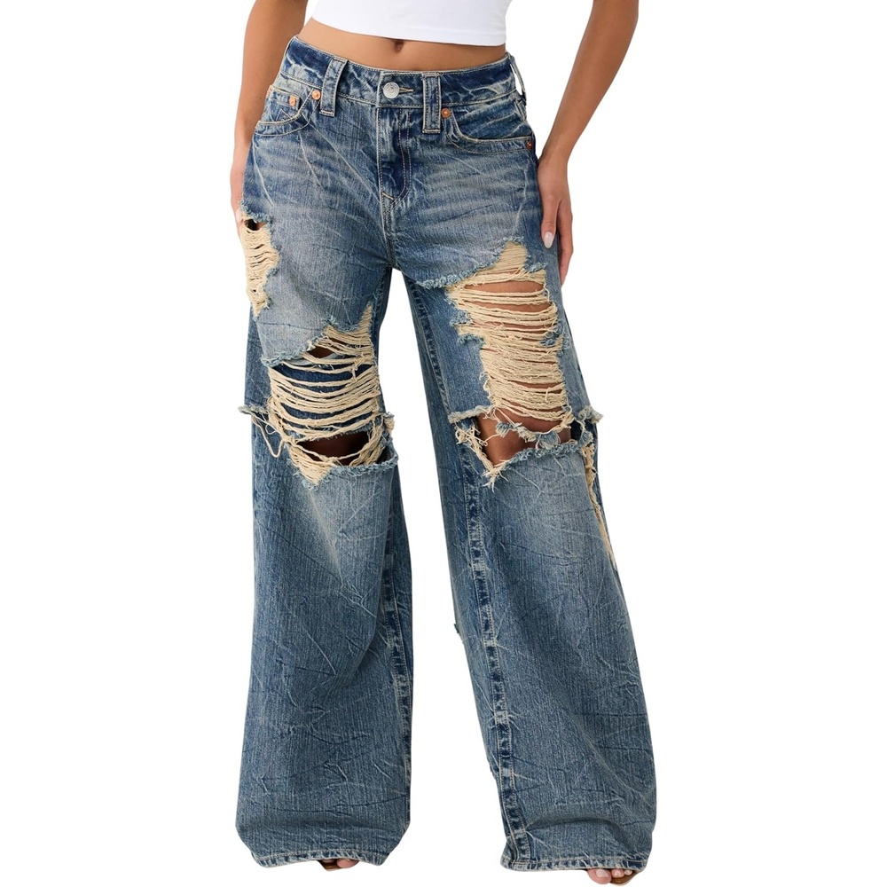 image:imageTrue Religion Womens Destroyed Jessie Layered Baggy Jean 100 Cotton Denim Baggy Fit Statement StyleHuntington Fade W Destroy