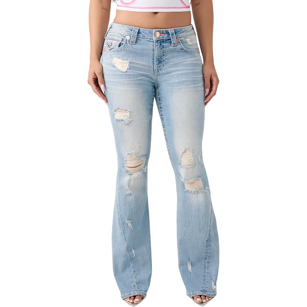 image:imageTrue Religion Womens Joey MR Flare Big T Flap Jeans Flare Silhouette Premium Stretch Denim Trendy FitHazy Wink W Destroy