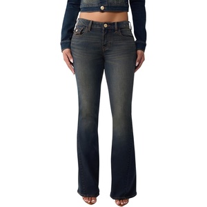 True Religion Women’s Joey Single Needle Studded Flap Flare Jeans – Flare Silhouette, Premium Stretch Denim, Trendy Fit(Dark Eclipse Wash)