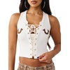 True Religion Women’s Applique Lace Up Rib Tank | Ribbed Stretch Knit(Winter White)