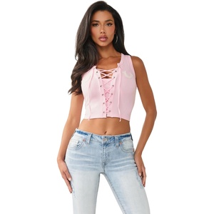 True Religion Women’s Applique Lace Up Rib Tank | Ribbed Stretch Knit(Cherry Blossom)