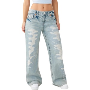 True Religion Bobbi Big T Baggy Jeans for Women – Low Rise Wide Leg Denim with Two-Tone Stitching & Flap Pockets