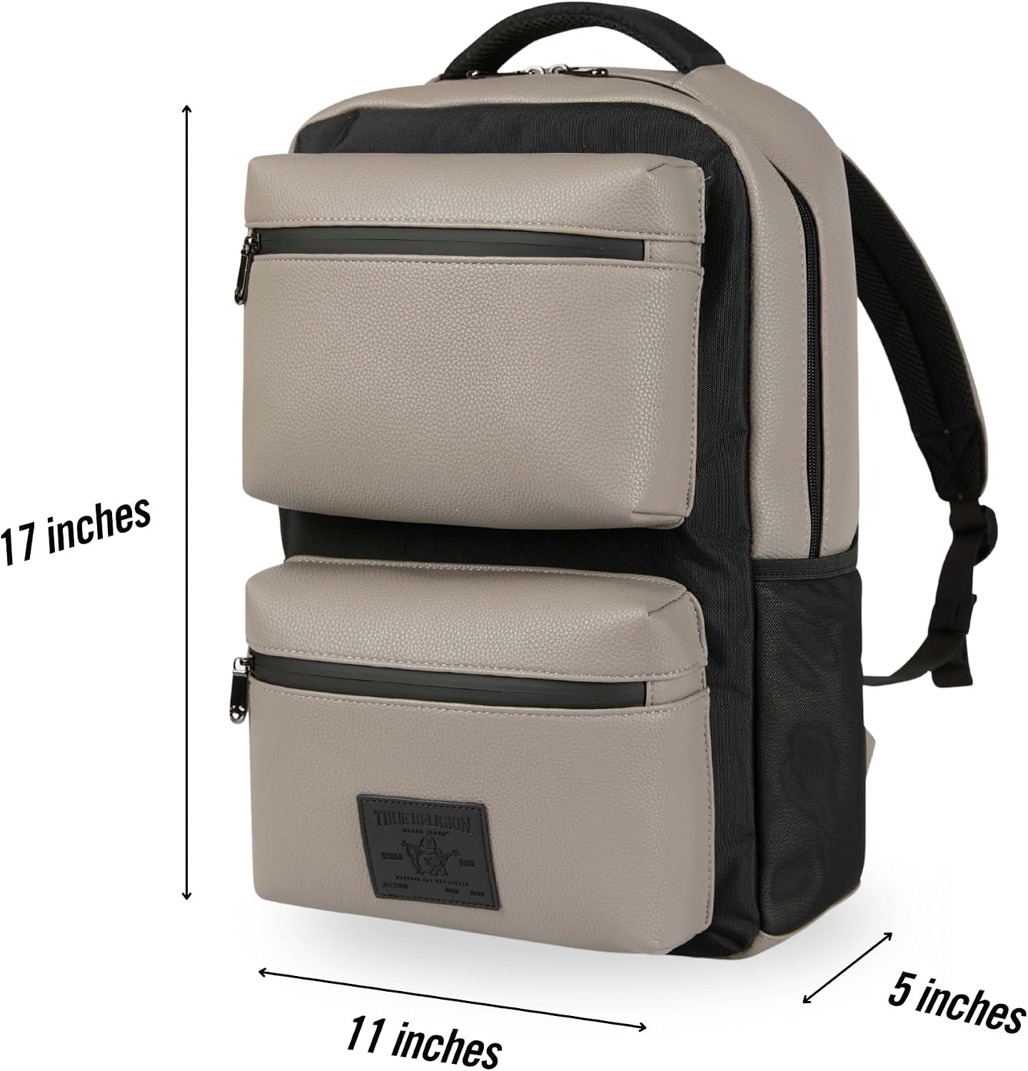 image:imageTrue Religion Laptop Backpack for Men Vegan Leather 17in Sleeve Flight Vegan leather mens backpack 17in laptop backpack tech bag with cargo pockets water bottle pocket TSA approvedLt Grey