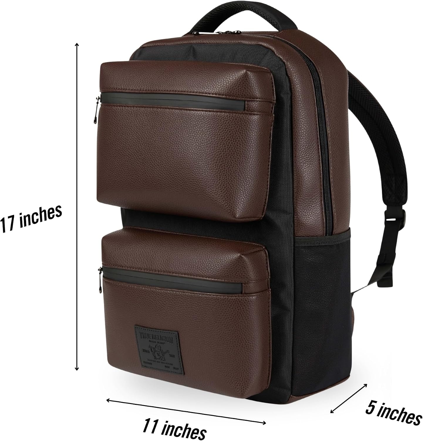 image:imageTrue Religion Laptop Backpack for Men Vegan Leather 17in Sleeve Flight Vegan leather mens backpack 17in laptop backpack tech bag with cargo pockets water bottle pocket TSA approvedBrown