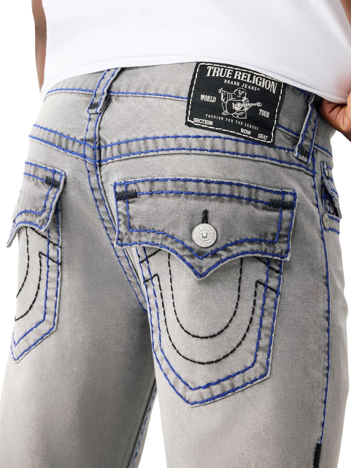 image:imageTrue Religion Mens Ricky Super T Flap 34 Straight Jean Straight Leg Fit Super T Flap Back Pockets Stretch DenimOrbit Dusk Grey Wash