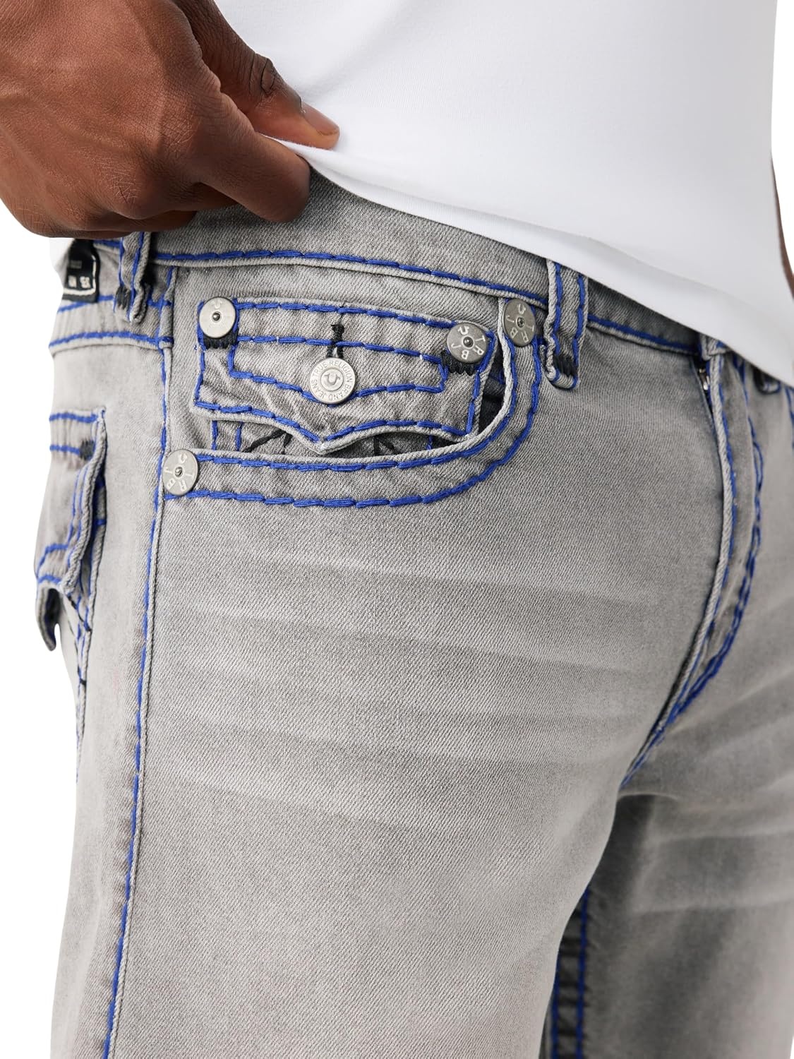 image:imageTrue Religion Mens Ricky Super T Flap 34 Straight Jean Straight Leg Fit Super T Flap Back Pockets Stretch DenimOrbit Dusk Grey Wash