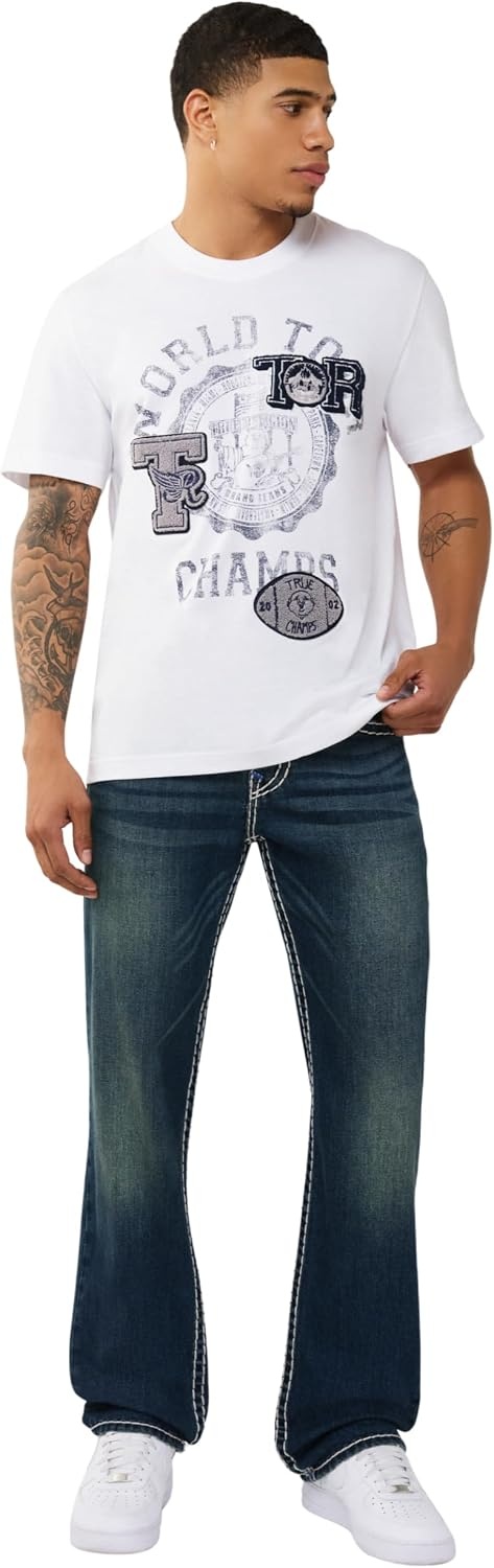 image:imageTrue Religion Mens Ricky Super T Flap 34 Straight Jean Straight Leg Fit Super T Flap Back Pockets Stretch DenimRiff Grunge Dark Wash