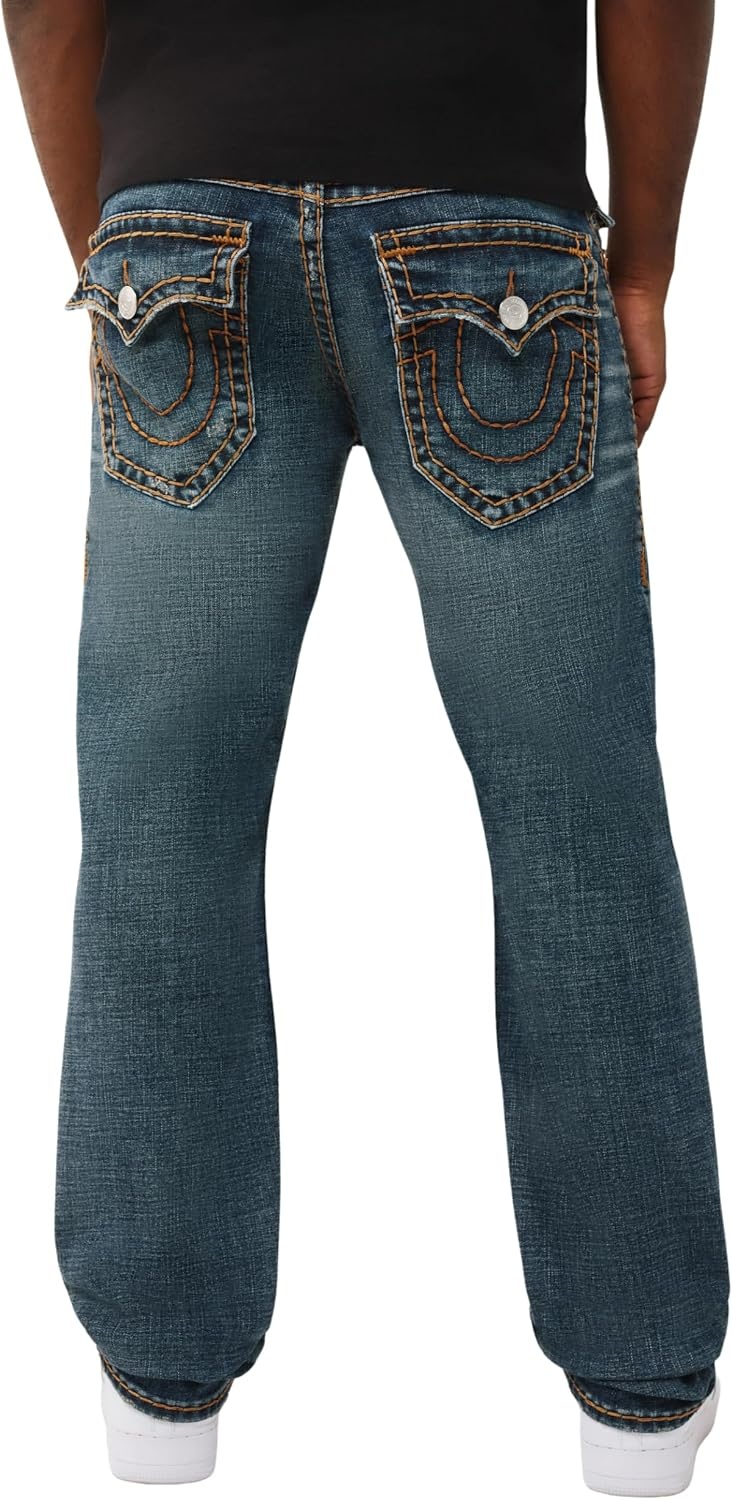 image:imageTrue Religion Mens Ricky Super T Flap 34 Straight Jean Straight Leg Fit Super T Flap Back Pockets Stretch DenimSideline Raw Dark Wash