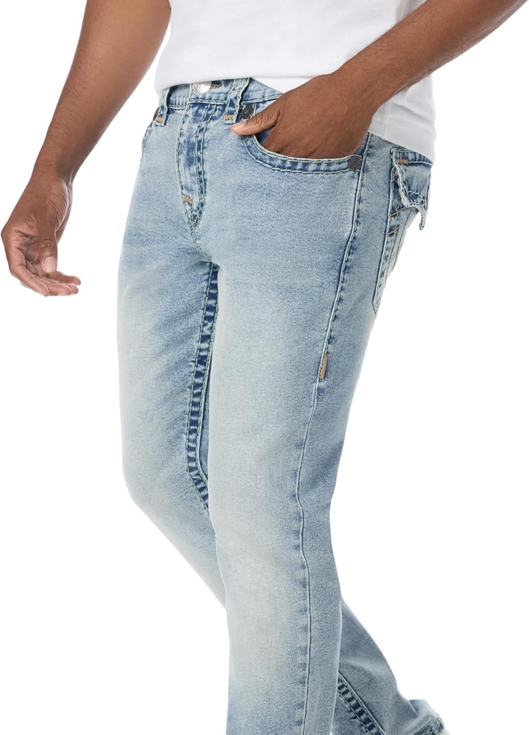 image:imageTrue Religion Mens Rocco Super T Flap 32 Skinny Jeans Flap Pocket Detail 98 Cotton 2 SpandexOptic Stone Light Wash
