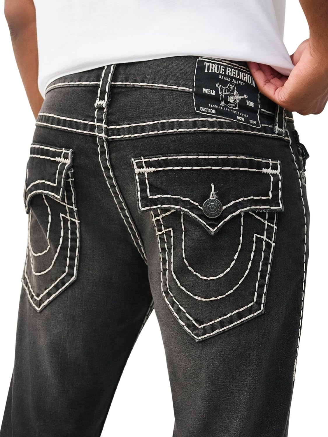 image:imageTrue Religion Mens Rocco Super T Flap 32 Skinny Jeans Flap Pocket Detail 98 Cotton 2 SpandexSmog Overdye Black Wash