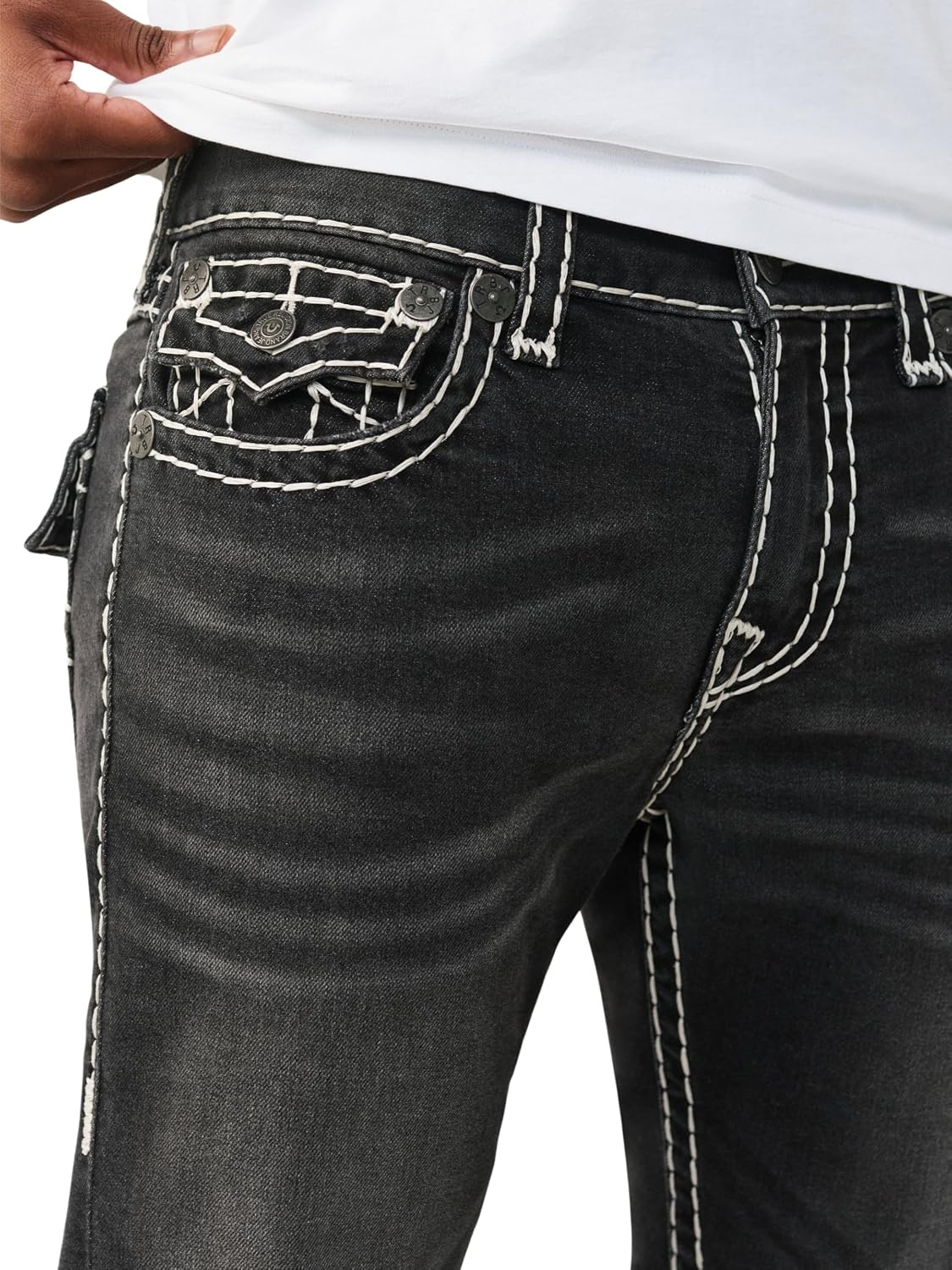 image:imageTrue Religion Mens Rocco Super T Flap 32 Skinny Jeans Flap Pocket Detail 98 Cotton 2 SpandexSmog Overdye Black Wash