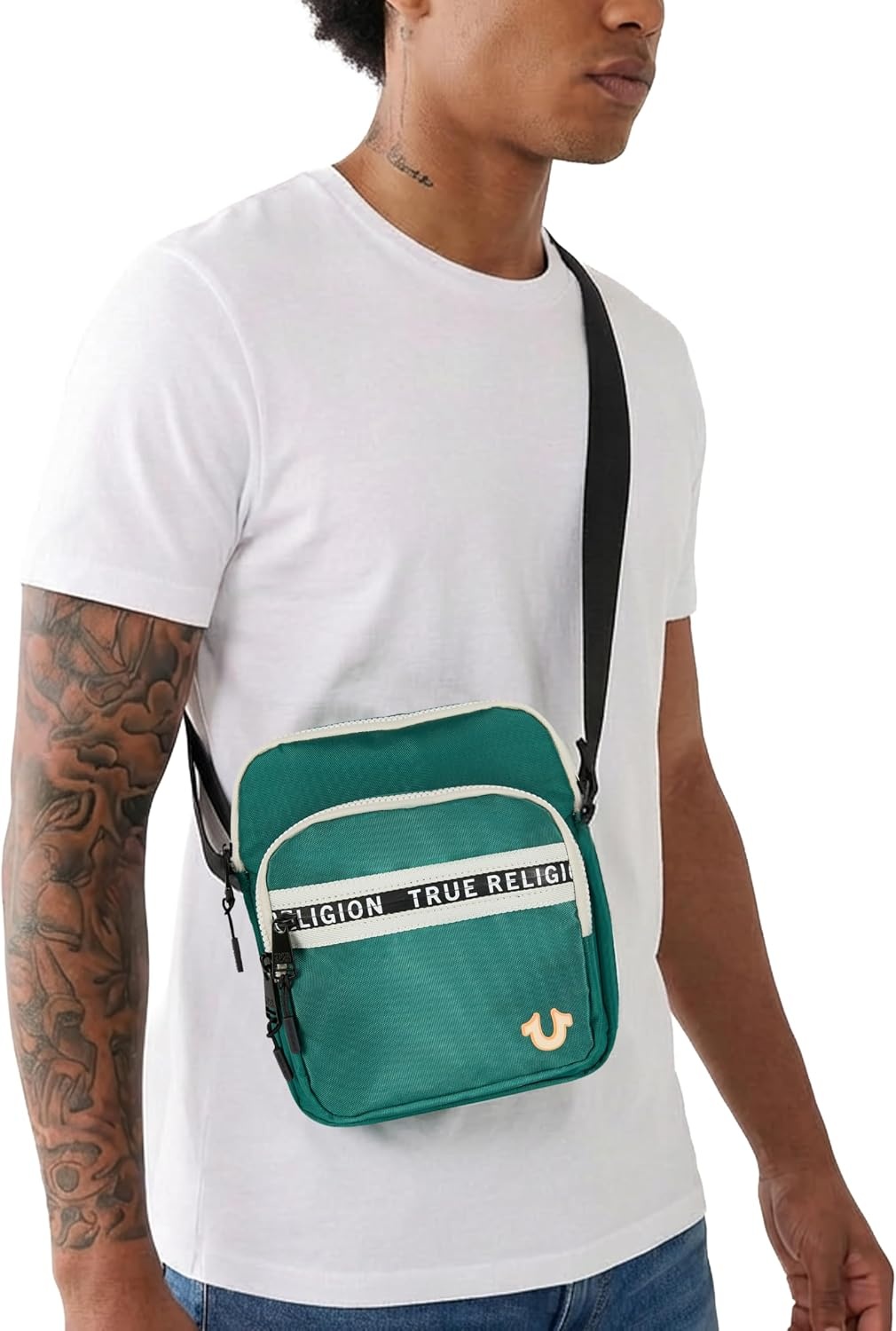 image:imageTrue Religion Small Crossbody Bag Men Anti Theft Strap Adjustable Strap Compact antitheft nylon crossbody sling bag front compartment key leash adjustable strap shoulder bag walletGreen