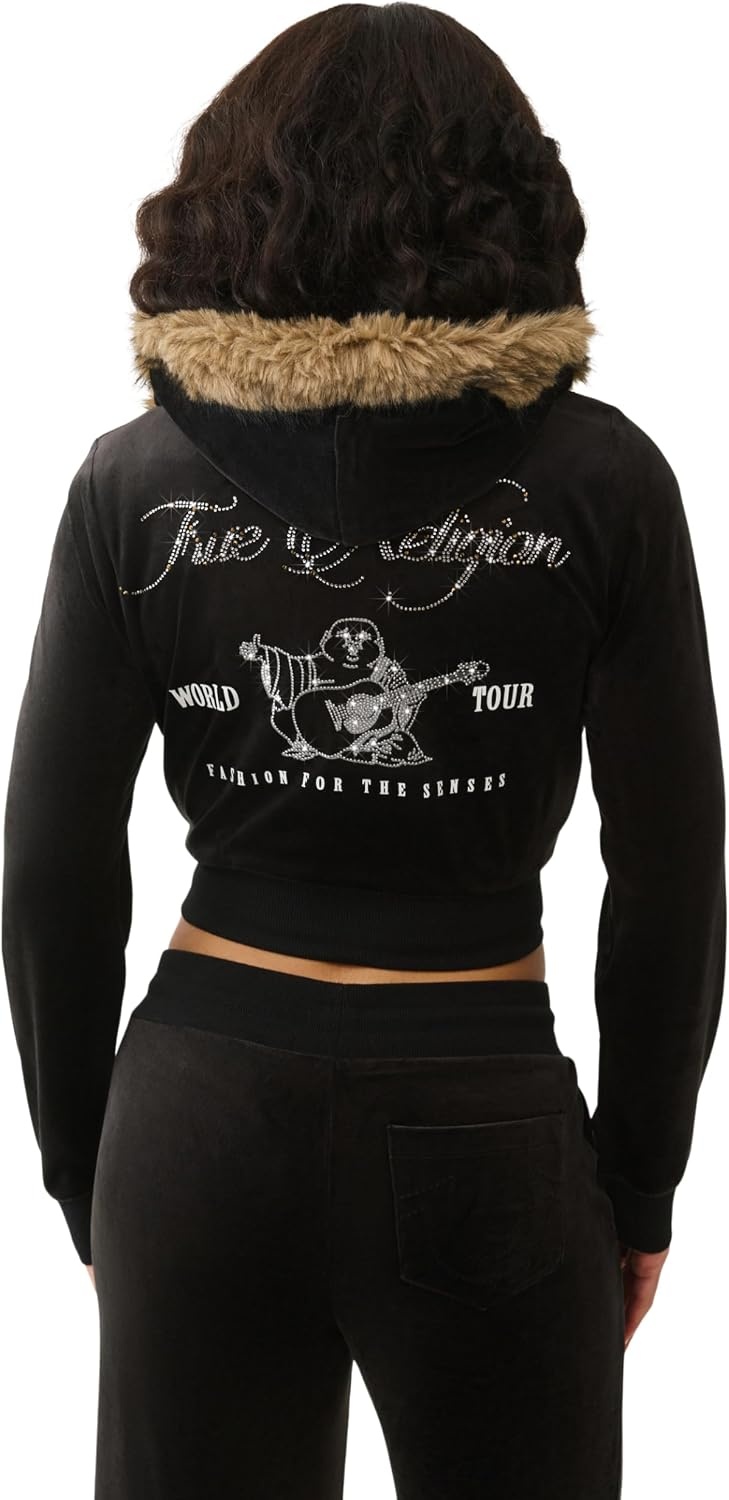 image:imageTrue Religion Womens Velour Crystal Shrunken Zip Hoodie Hoodies for Women Zip Up Hoodie Women Cropped HoodieJet Black