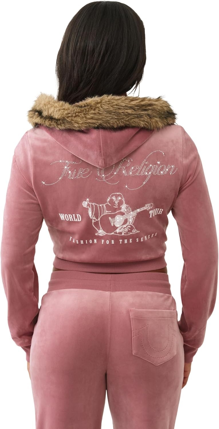 image:imageTrue Religion Womens Velour Crystal Shrunken Zip Hoodie Hoodies for Women Zip Up Hoodie Women Cropped HoodieNostalgia Rose