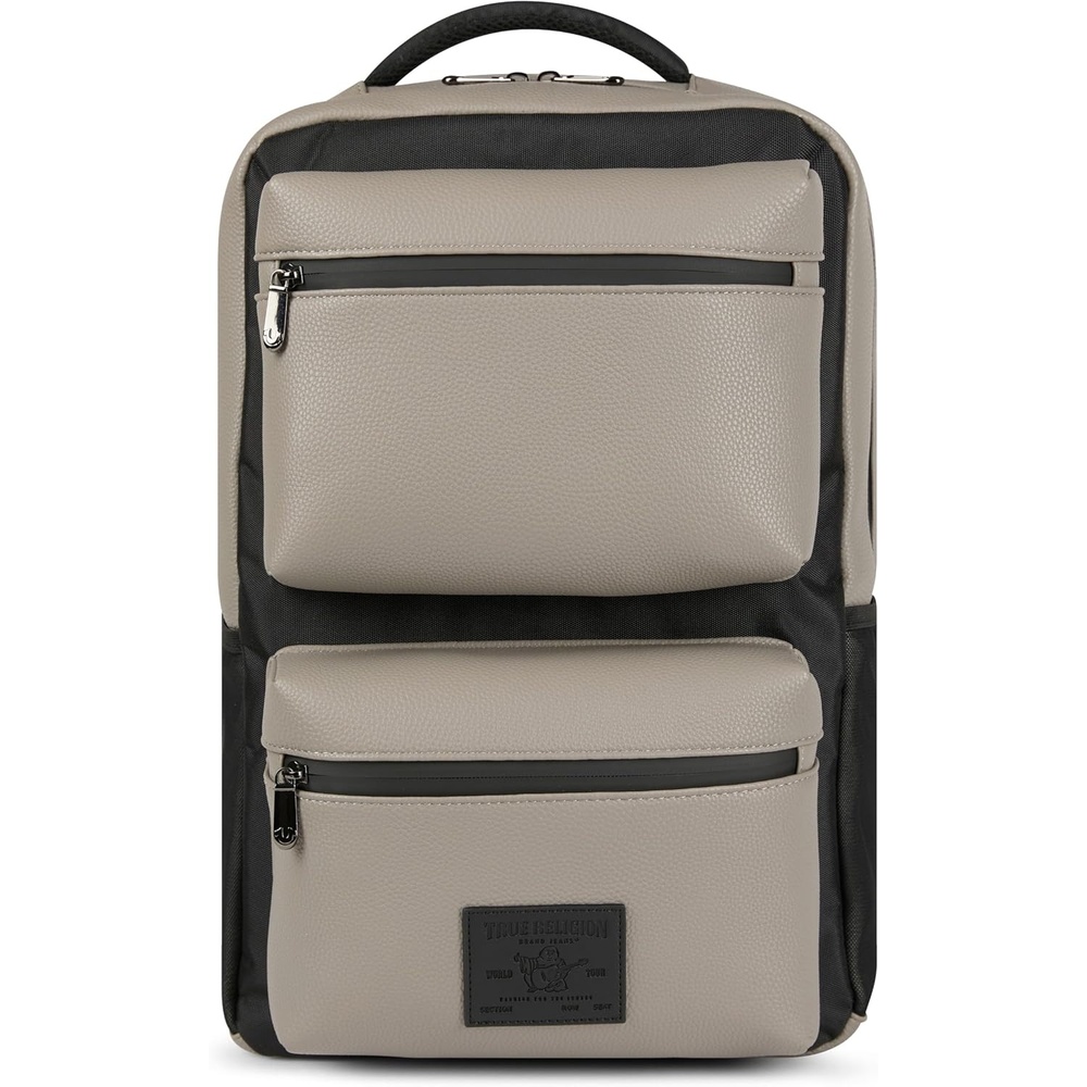image:imageTrue Religion Laptop Backpack for Men Vegan Leather 17in Sleeve Flight Vegan leather mens backpack 17in laptop backpack tech bag with cargo pockets water bottle pocket TSA approvedLt Grey