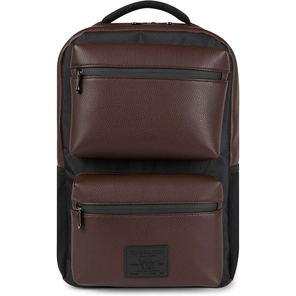 image:imageTrue Religion Laptop Backpack for Men Vegan Leather 17in Sleeve Flight Vegan leather mens backpack 17in laptop backpack tech bag with cargo pockets water bottle pocket TSA approvedBrown