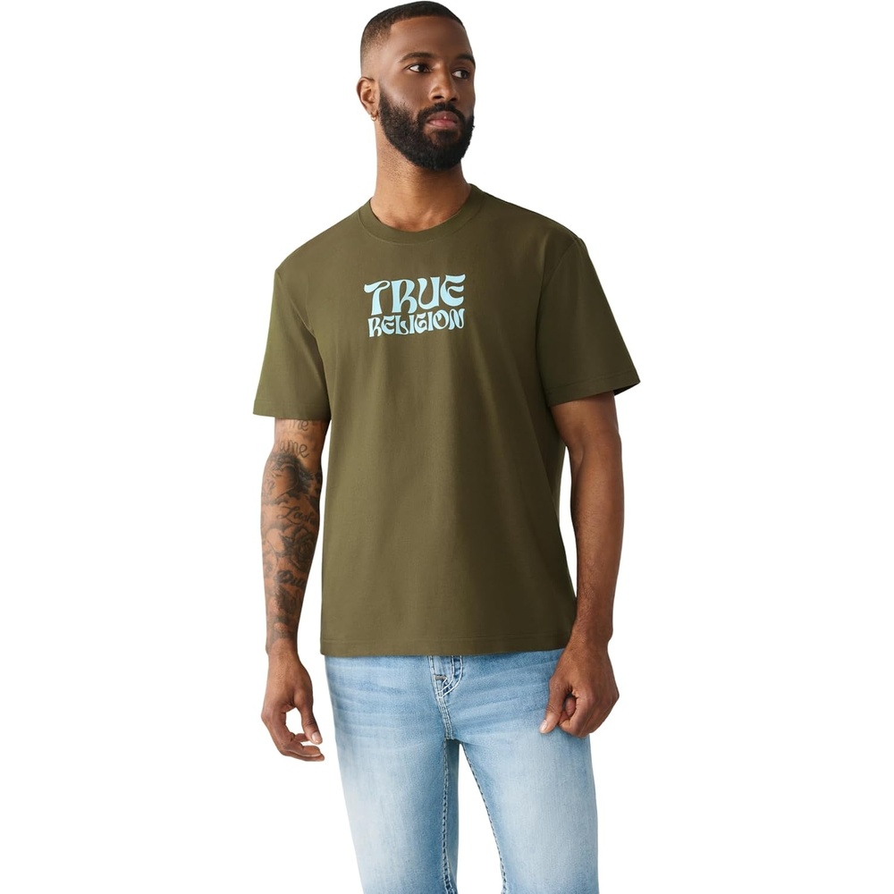 image:imageTrue Religion Mens Buddha Logo Tee Felt Horseshoe Buddha Graphic Premium CottonCapers Green