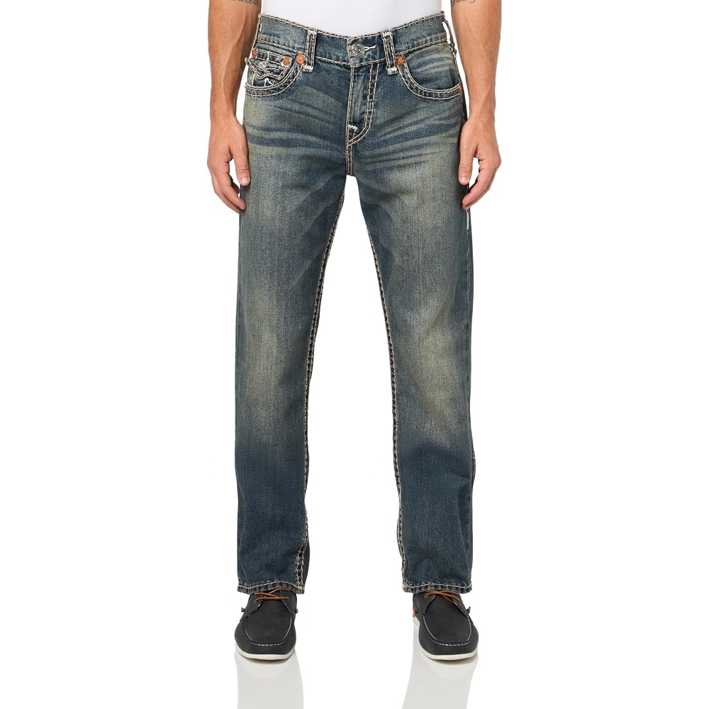 image:imageTrue Religion Mens Ricky Super T Flap 34 Straight Jean Straight Leg Fit Super T Flap Back Pockets Stretch DenimMidnight Warehouse Dark Wash