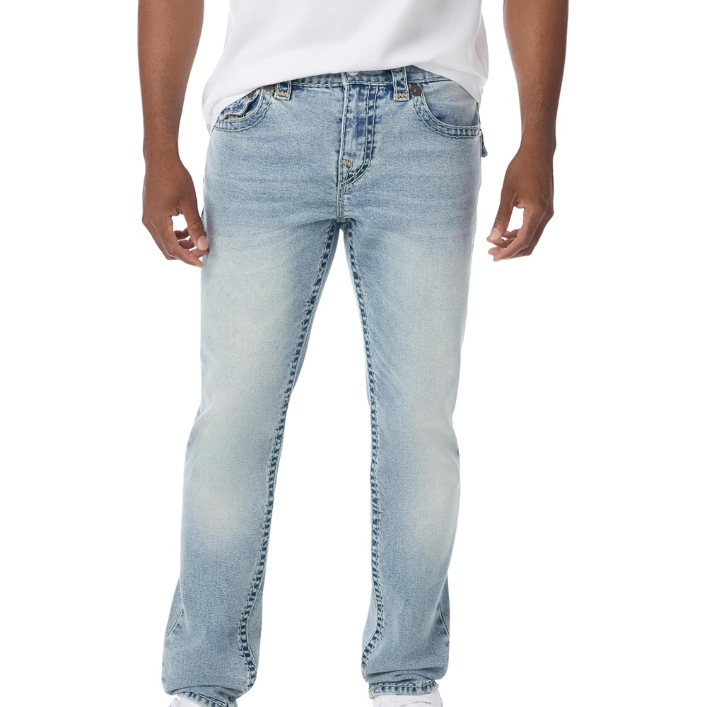 image:imageTrue Religion Mens Rocco Super T Flap 32 Skinny Jeans Flap Pocket Detail 98 Cotton 2 SpandexOptic Stone Light Wash