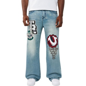 True Religion Men’s Vinny Patch Big T Ultra Baggy Jean 34” | Whiskering | Signature Horseshoe, Dark Wash