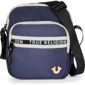 True Religion Small Crossbody Bag Men – Anti Theft Strap, Adjustable Strap | Compact anti-theft nylon crossbody sling bag, front compartment, key leash, adjustable strap shoulder bag, wallet.(Blue)