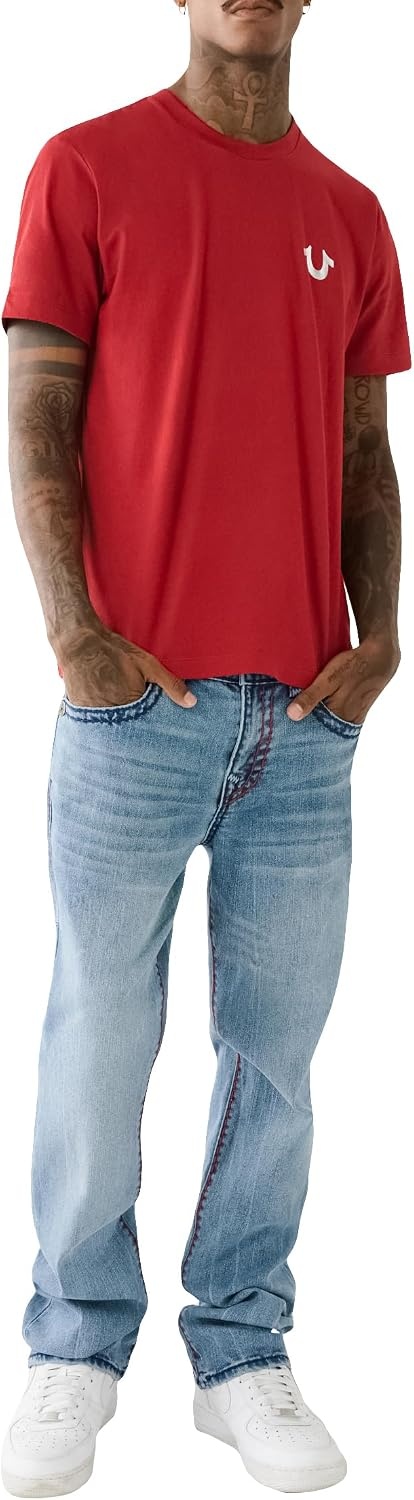 image:imageTrue Religion Mens Ricky Super T Straight Leg Denim Jeans for MenBig Sandy Medium Wash With Rips