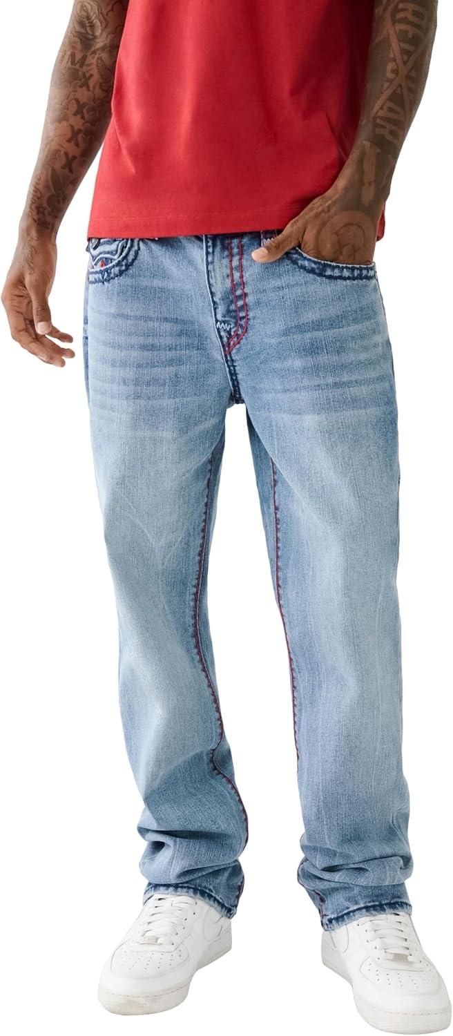 image:imageTrue Religion Mens Ricky Super T Straight Leg Denim Jeans for MenBig Sandy Medium Wash With Rips