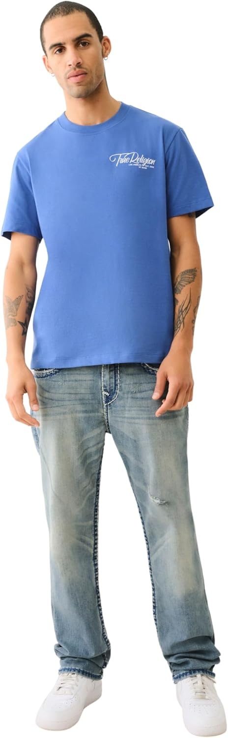 image:imageTrue Religion Mens Ricky Super T Straight Leg Denim Jeans for MenSuper T Stitch Albarn Medium Wash