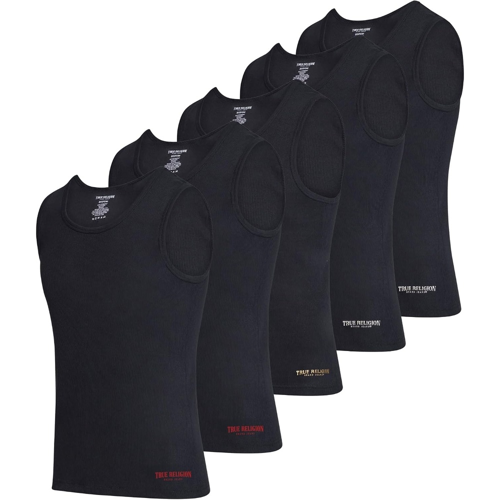 image:imageTrue Religion Lightweight Tank Tops for Men 5 Pack Undershirt Ribbed CottonBlack