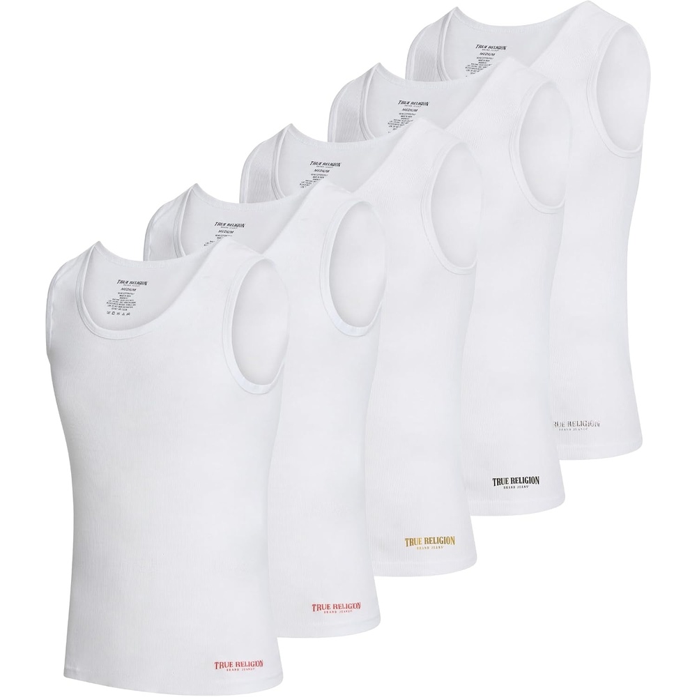 image:imageTrue Religion Lightweight Tank Tops for Men 5 Pack Undershirt Ribbed CottonWhite