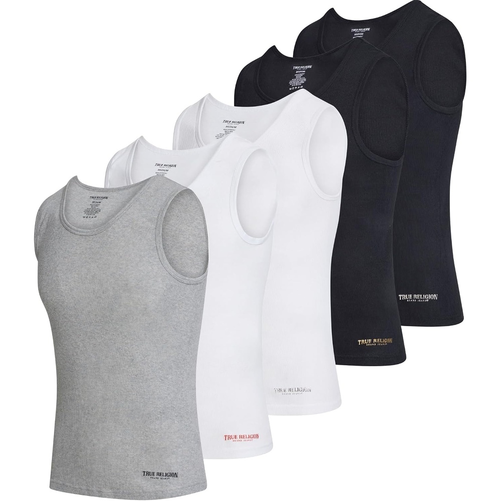 image:imageTrue Religion Lightweight Tank Tops for Men 5 Pack Undershirt Ribbed CottonWhiteGreyBlk