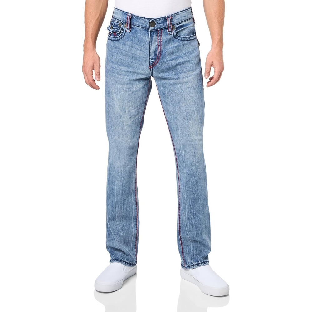 image:imageTrue Religion Mens Ricky Super T Straight Leg Denim Jeans for MenBig Sandy Medium Wash With Rips