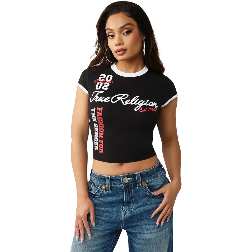 image:imageTrue Religion Womens Sporty Contrasted Cap Sleeve TopJet Black