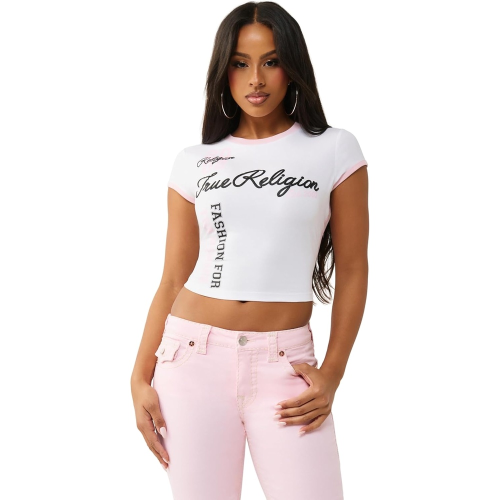 image:imageTrue Religion Womens Sporty Contrasted Cap Sleeve TopOptic White