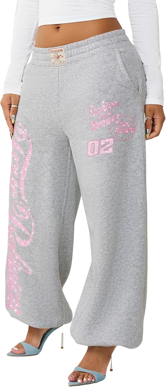 image:imageTrue Religion Womens Crystal Baggy Jogger Drawstring WaistbandHeather Grey