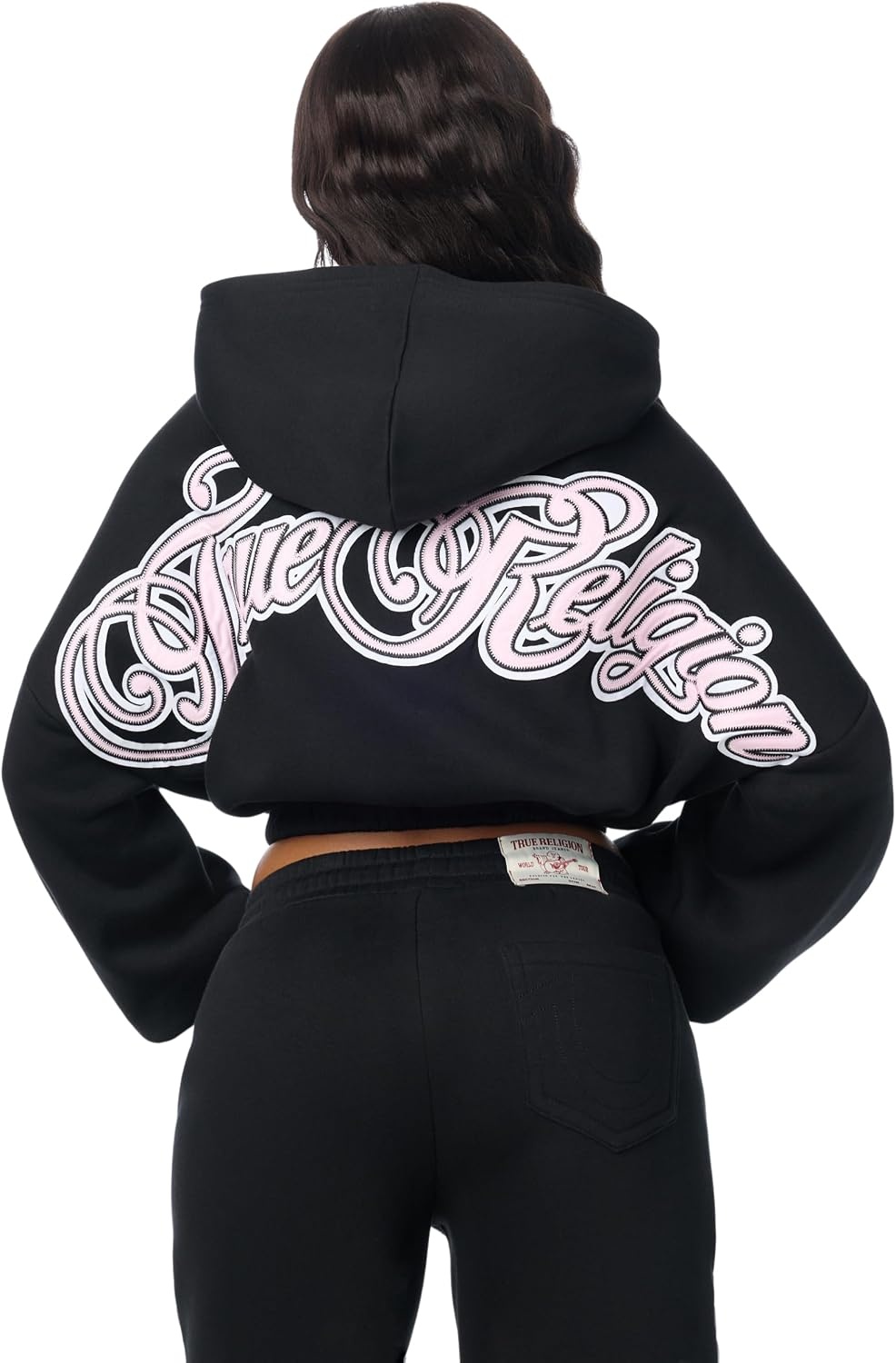 image:imageTrue Religion Womens Applique Girlfriend Zip Up Hoodie 60 Cotton 40 Polyester Relaxed Fit Signature Applique DetailJet Black
