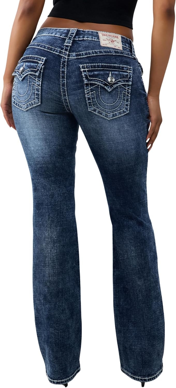 image:imageTrue Religion Womens Becca Mid Rise Bootcut Big T Flap Pocket Jeans Cotton Blend Crystal Detail Bootcut FitAstral Tide