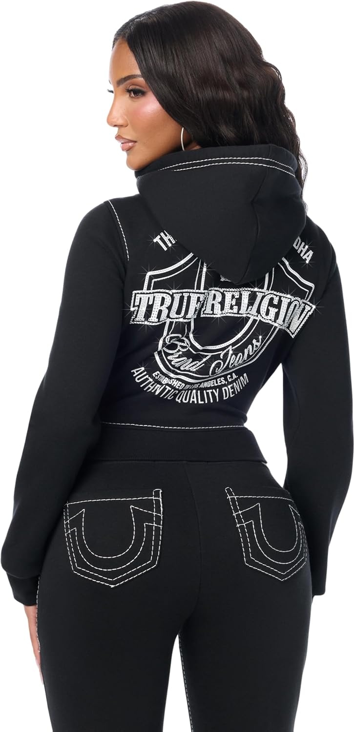 image:imageTrue Religion Womens Big T Crystal Horseshoe Shrunken Zip Hoodie 60 Cotton 40 Polyester Long Sleeve ZipUpJet Black