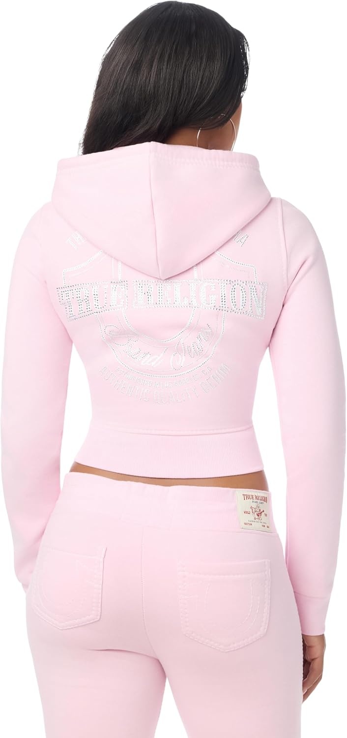 image:imageTrue Religion Womens Big T Crystal Horseshoe Shrunken Zip Hoodie 60 Cotton 40 Polyester Long Sleeve ZipUpRoseate Spoonbill
