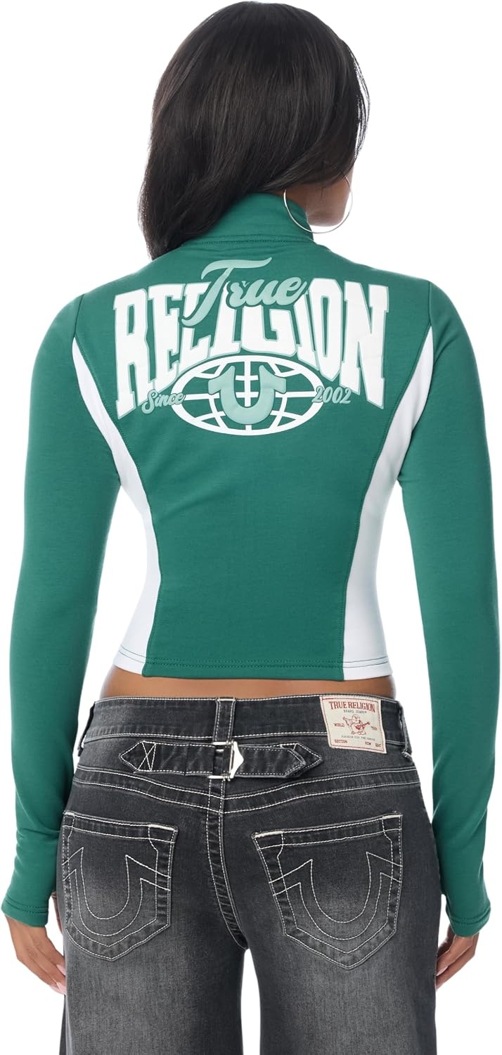 image:imageTrue Religion Womens Color Blocked Baby Terry Zip Up Hoodie PolyCotton Blend Zip Up Colorblock DetailGreen White